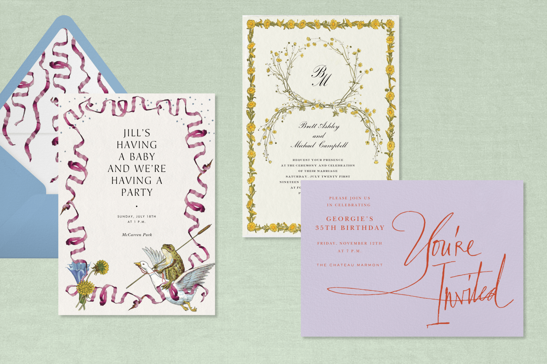 Three Stephanie Fishwick invitations with eclectic designs.