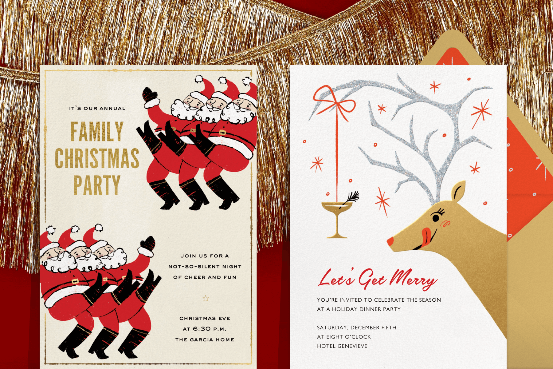 A red and gold streamer background with two holiday cards: A Christmas party invitation featuring multiple Santas doing the cancan; A holiday party invitation featuring a reindeer with a cocktail tied to its antlers paired with a gold envelope and red and gold patterned envelope liner.