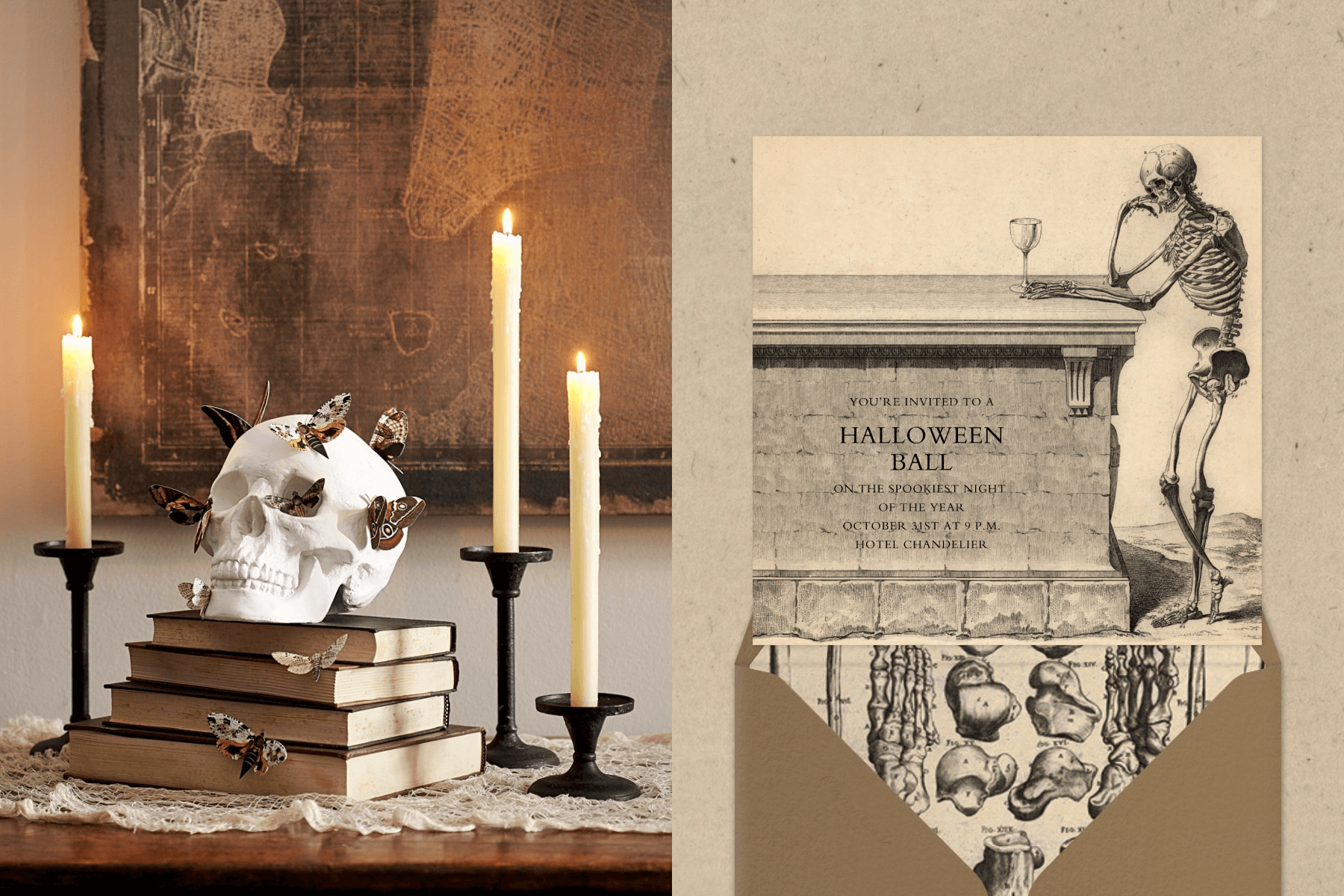 Left: A skull with butterflies on it sits atop a stack of books with three taper candles nearby. Right: A Halloween Ball invitation shows a black and white sketch of a skeleton with a wine glass leaning against a tomb.