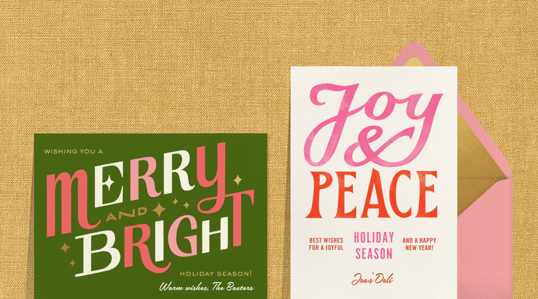 A green card reads “MERRY AND BRIGHT” in pink and white retro block letters; a card says “JOY & PEACE” in pink and red block letters.