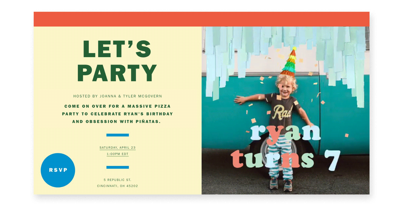 An online invitation with a young boy in a party hat and the words ‘Ryan turns 7.’