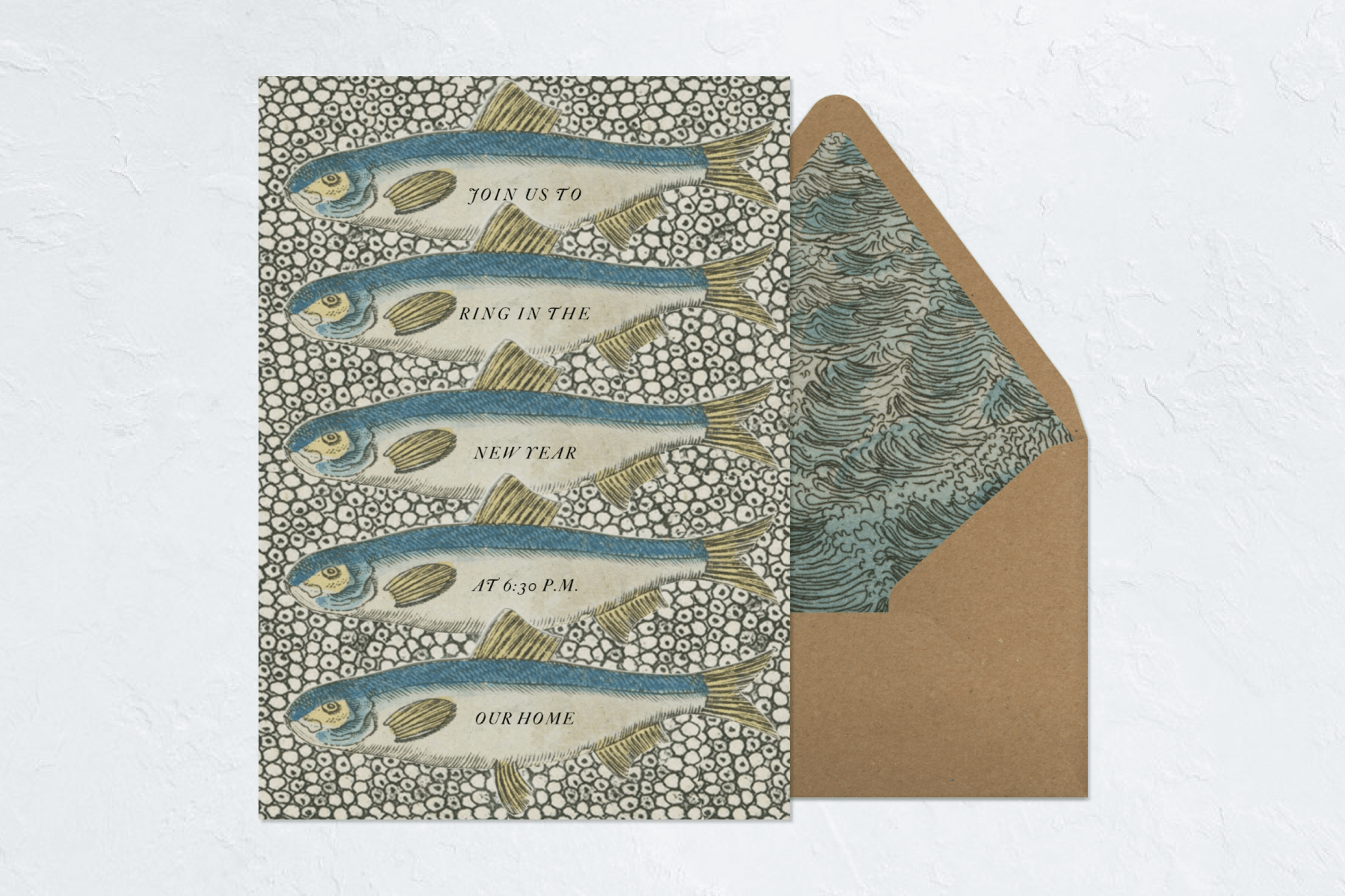A card with an illustration of five fish stacked vertically beside a matching brown envelope.