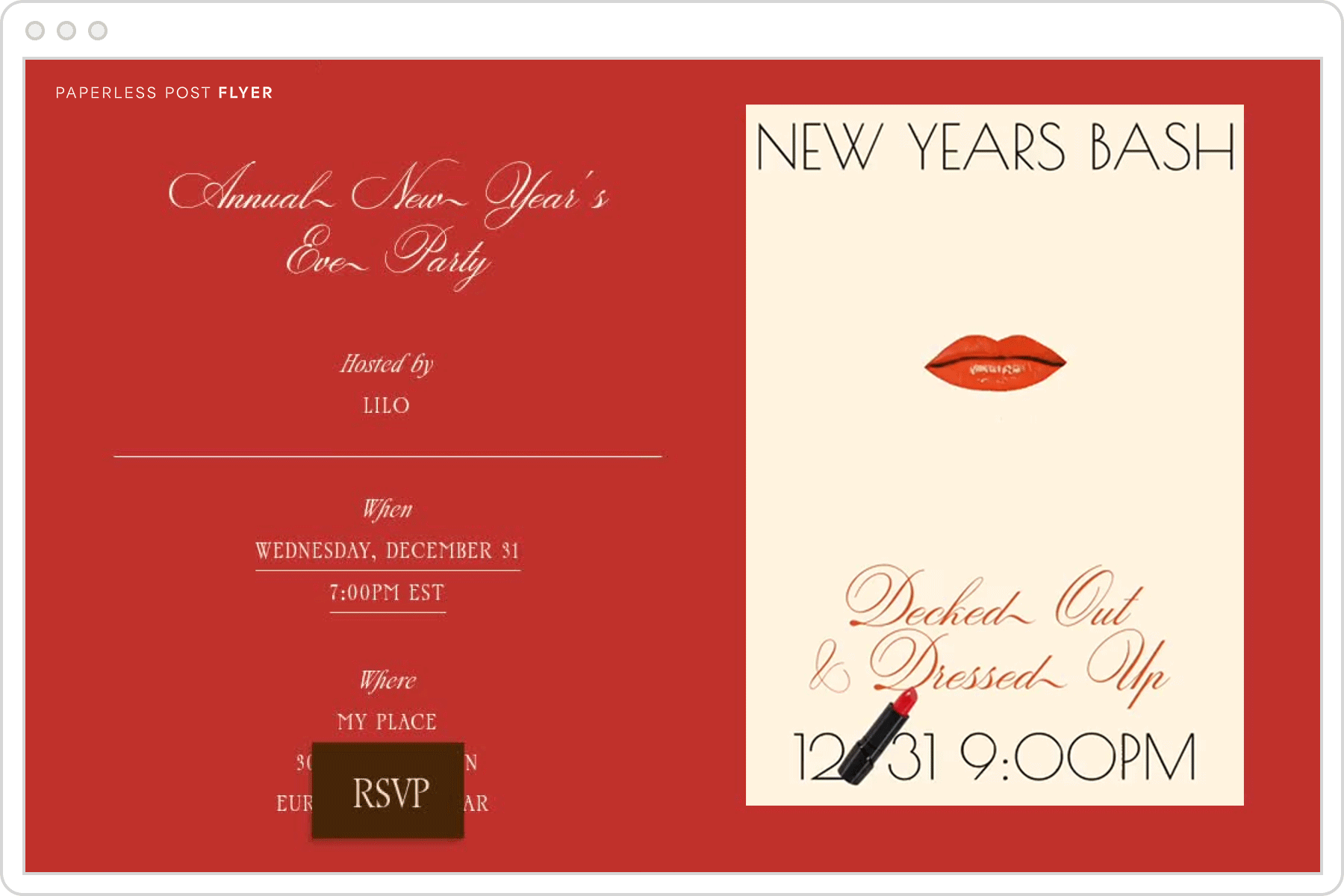 A digital invitation page for a New Year’s Eve party featuring a red background and an animated graphic of red lips with text overlay that reads ‘decked out & dressed up.”