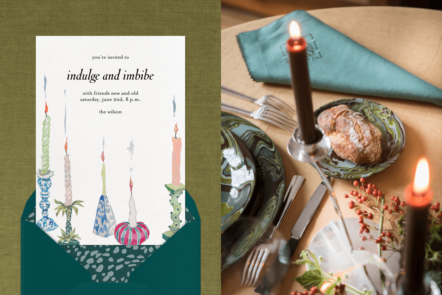Left: Dinner party invitation featuring colorful illustrated candles, coming out of a dark green envelope. Right: Man, Eric Goujou, lighting candles on top of a set dinner table. 