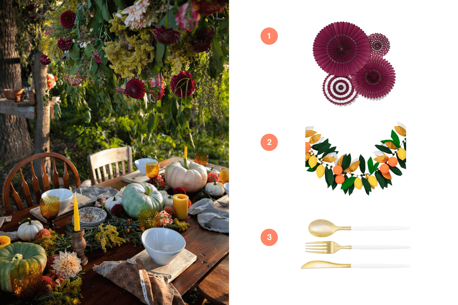 Left: An outdoor wooden table is set with colorful gourds, yellow candles, and a hanging floral arrangement. Right: Purple paper fans, a citrus fruit garland, and gold and white cutlery. 