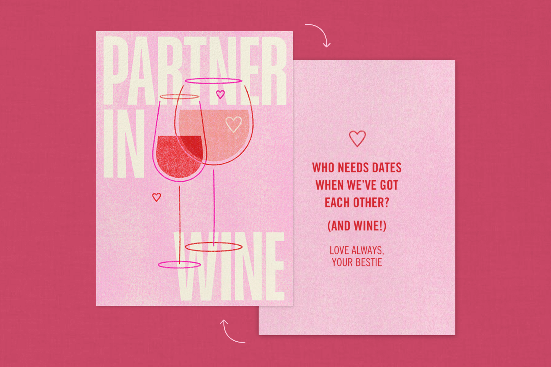 The front and back of a pink card with two glasses of wine and the words ‘partner in wine.’