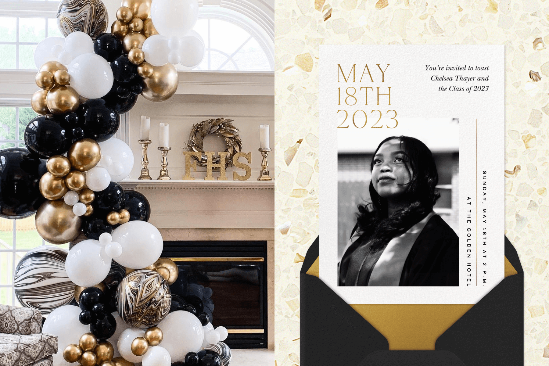 Left: A black, white, and gold balloon installation floats from the floor to the ceiling in front of a modern fireplace. Right: A graduation party invitation with a black and white photo of a young woman in a robe beneath the date of her graduation party.