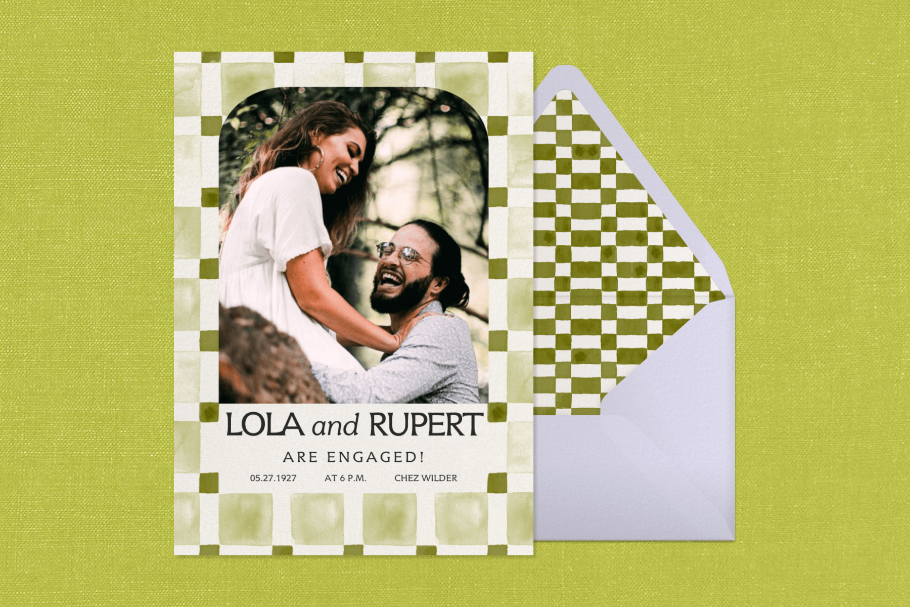 A green checked engagement party invitation with room for a photo and a matching checked envelope.