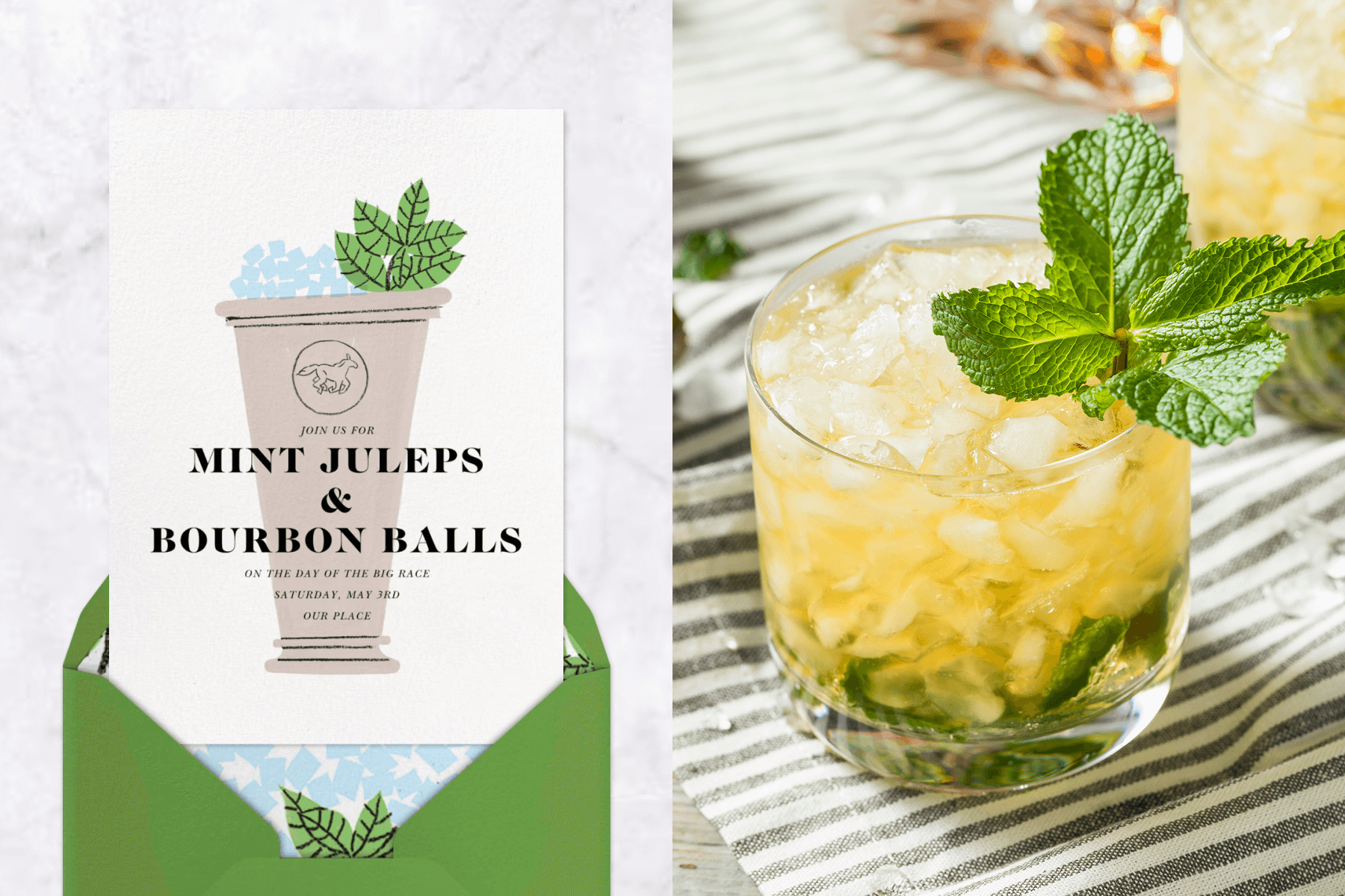 A white invitation with a mint julep illustration with mint garnish and ice over a green envelope; A mint julep in a glass with a garnish of mint on a gray and white striped tablecloth.
