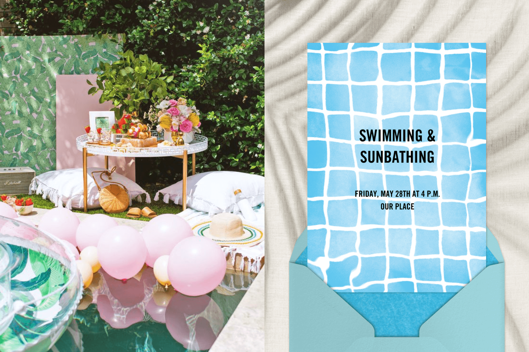 A small table next to a pool filled with pink balloons, floats, and flowers; an invitation with a pool surrounded by pink tiles