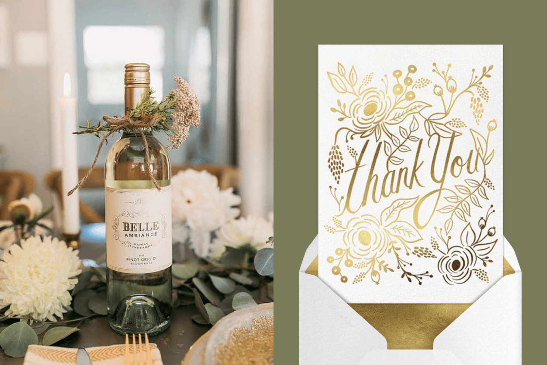 Left: A bottle of white wine on a set table with a sprig of flowers tied to it; right: A white thank you note with gold flora designs.