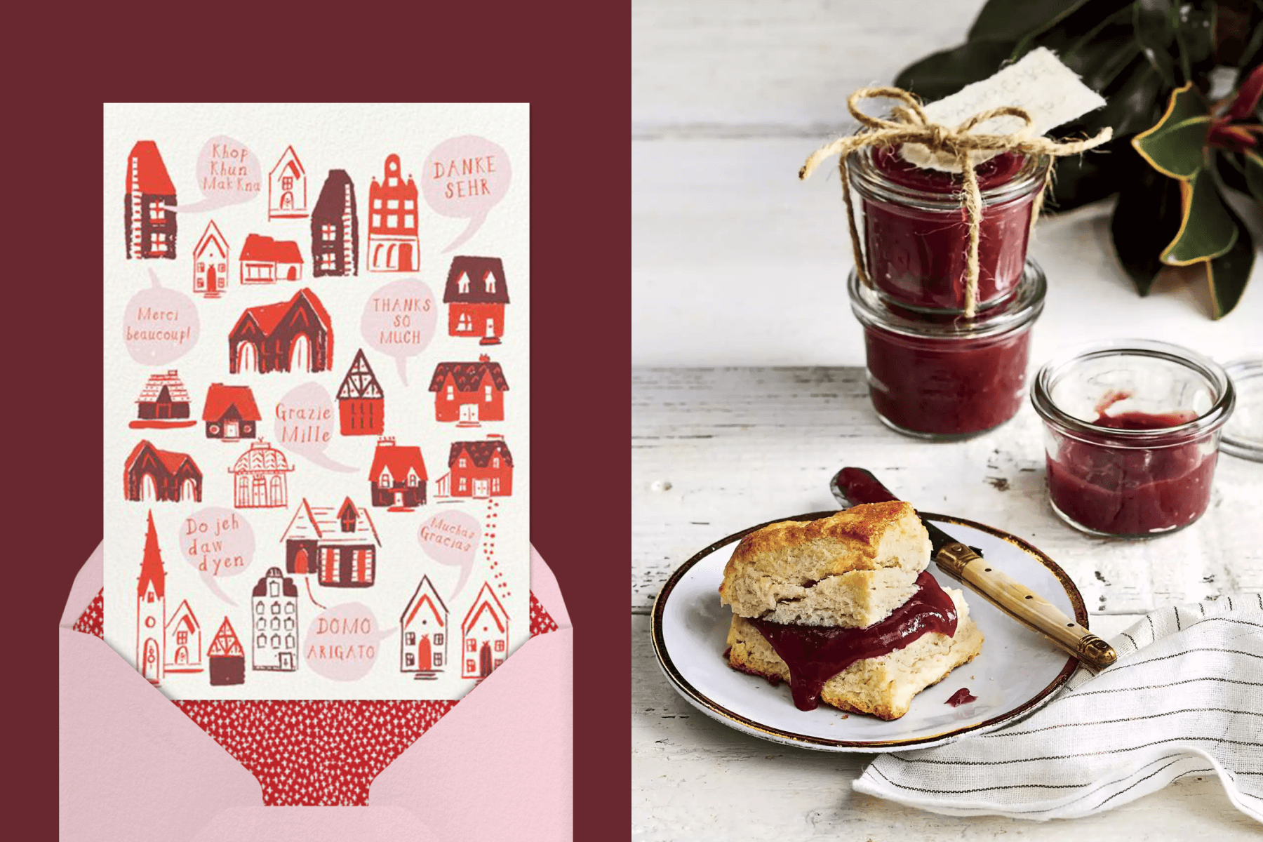 Left: A cream thank you card with red and pink illustrations of differently shaped houses with word bubbles that read “thank you” in different languages, paired with a pink envelope; right: a gift of three jam jars and a biscuit with jam on a plate.