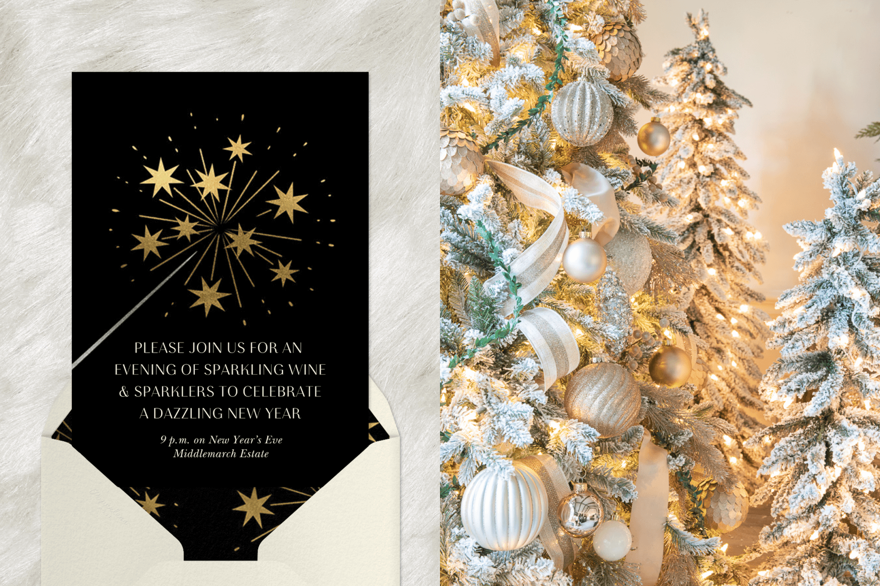 Left: A black and gold New Year’s Even invitation featuring an illutration of a sparkler with stars; Right: Christmas trees decorated in fake snow and silver and gold ornaments and ribbon.