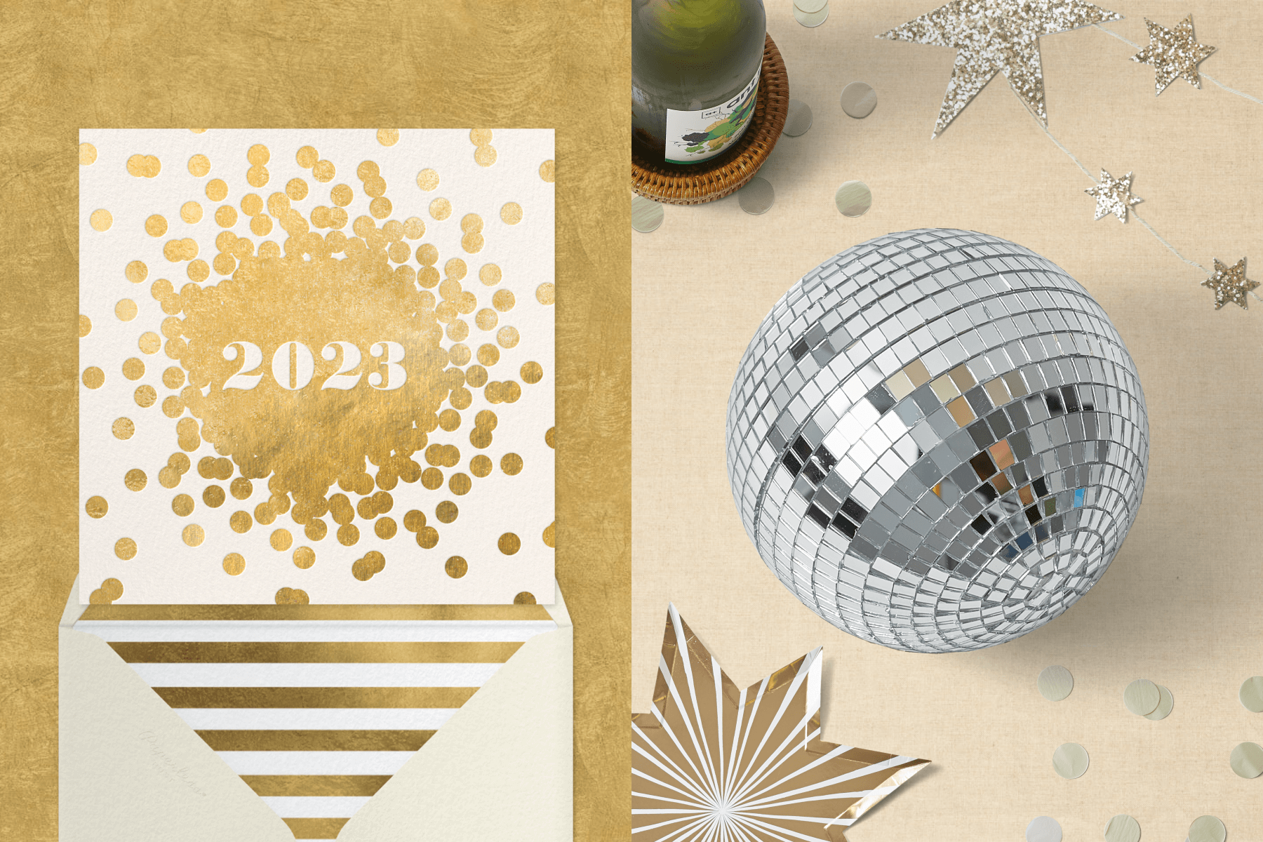 Left: A white and gold New Year’s Eve invitation featuring gold polka dots and a gold circle in the middle that reads “2023”; right: Party Shop decor items including a disco ball, a star plate, a star banner, and a bottle of wine on a coaster.