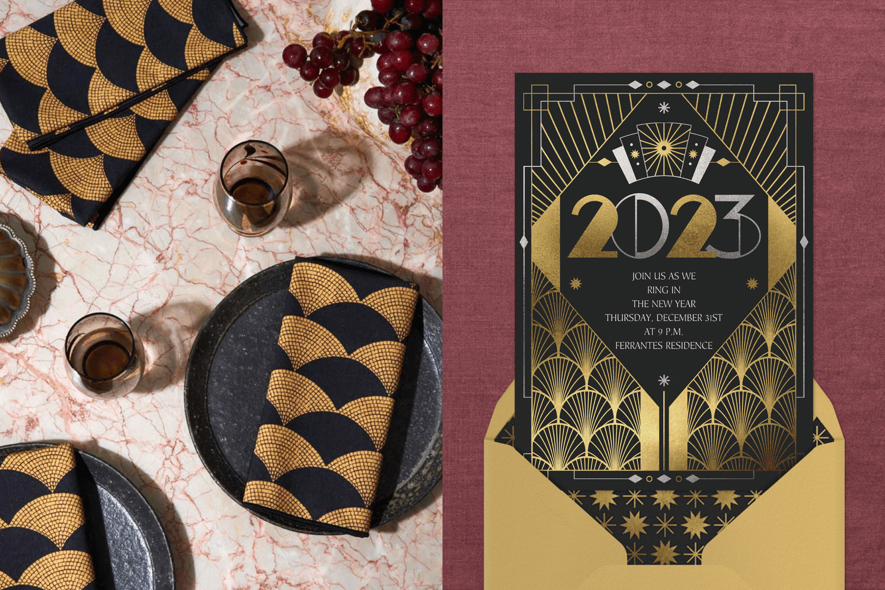 Left: An overhead photograph of black and gold napkins with a fan design surrounded by other party supplies like plates, wine glasses, and grapes; right: a black and gold art deco inspired New Year’s Eve invitation featuring a fan design and diamond-shaped text box.