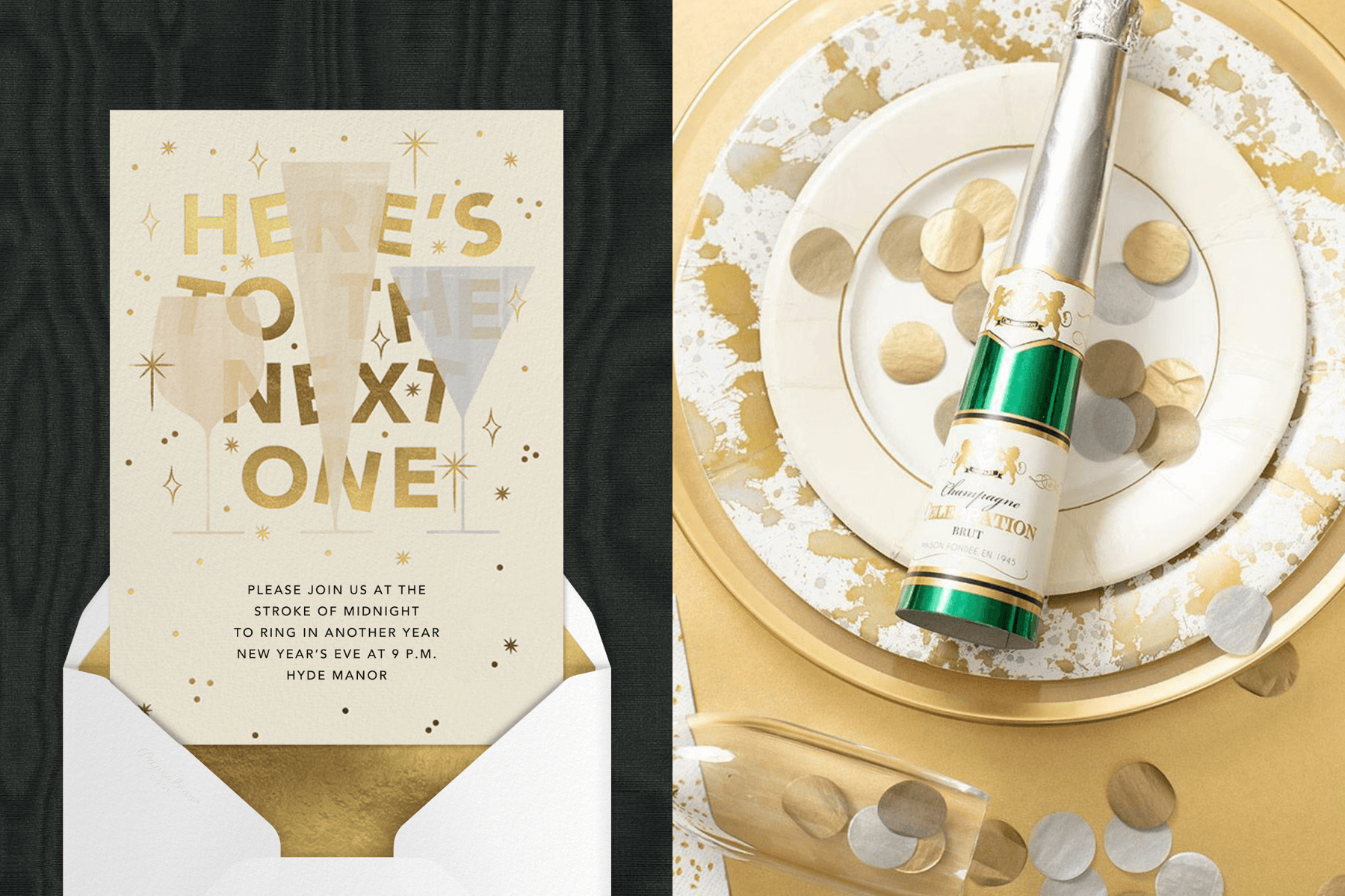 Left: A cream and gold New Year’s Eve invitation featuring three differently shaped cocktail glasses and the text “Here’s to the Next One”; right: an overhead photograph of a champagn cracker sitting on a white and gold place setting.
