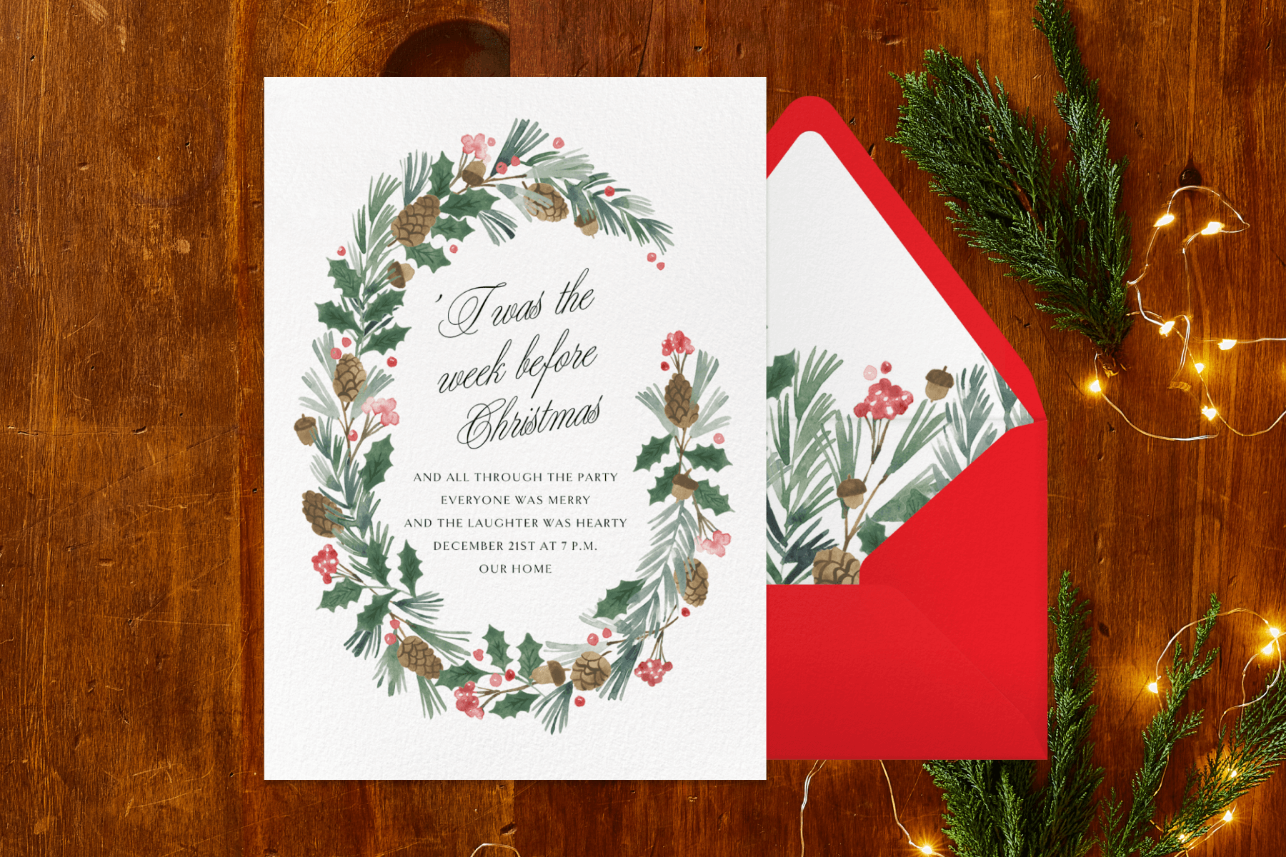 A white holiday invitation featuring an illustration of a garland with pine cones and berries.