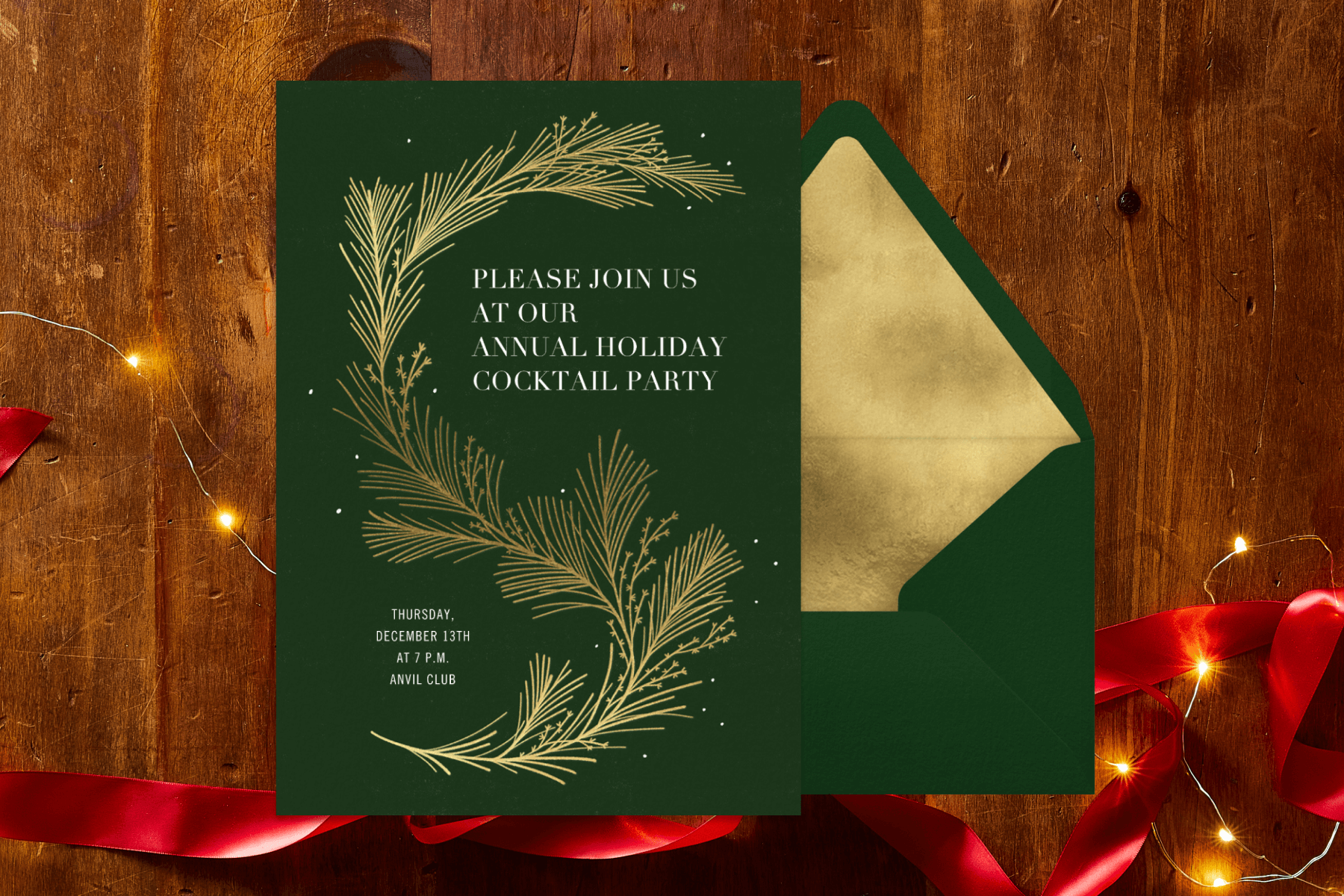 A green holiday invitation featuring a gold pine detail.