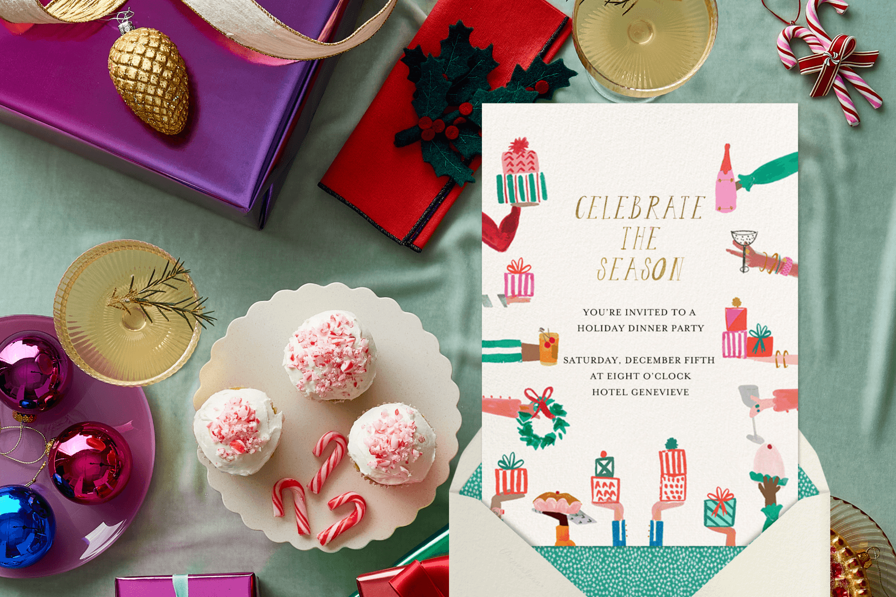 A white holiday invitation featuring a whimsical illustration of hands holding gifts, drinks, and desserts. The background includes several decor items in bright colors including ornaments, cupcakes with crushed candy canes, presents, and two glasses of Champagne.