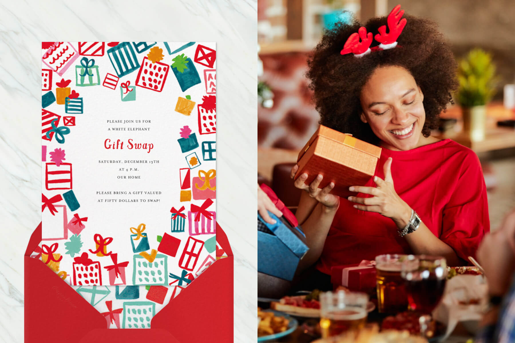 Left: A white invitation with illustrations of differently shaped and colored packages; right: a woman wearing reindeer antlers holds a present up and smiles.