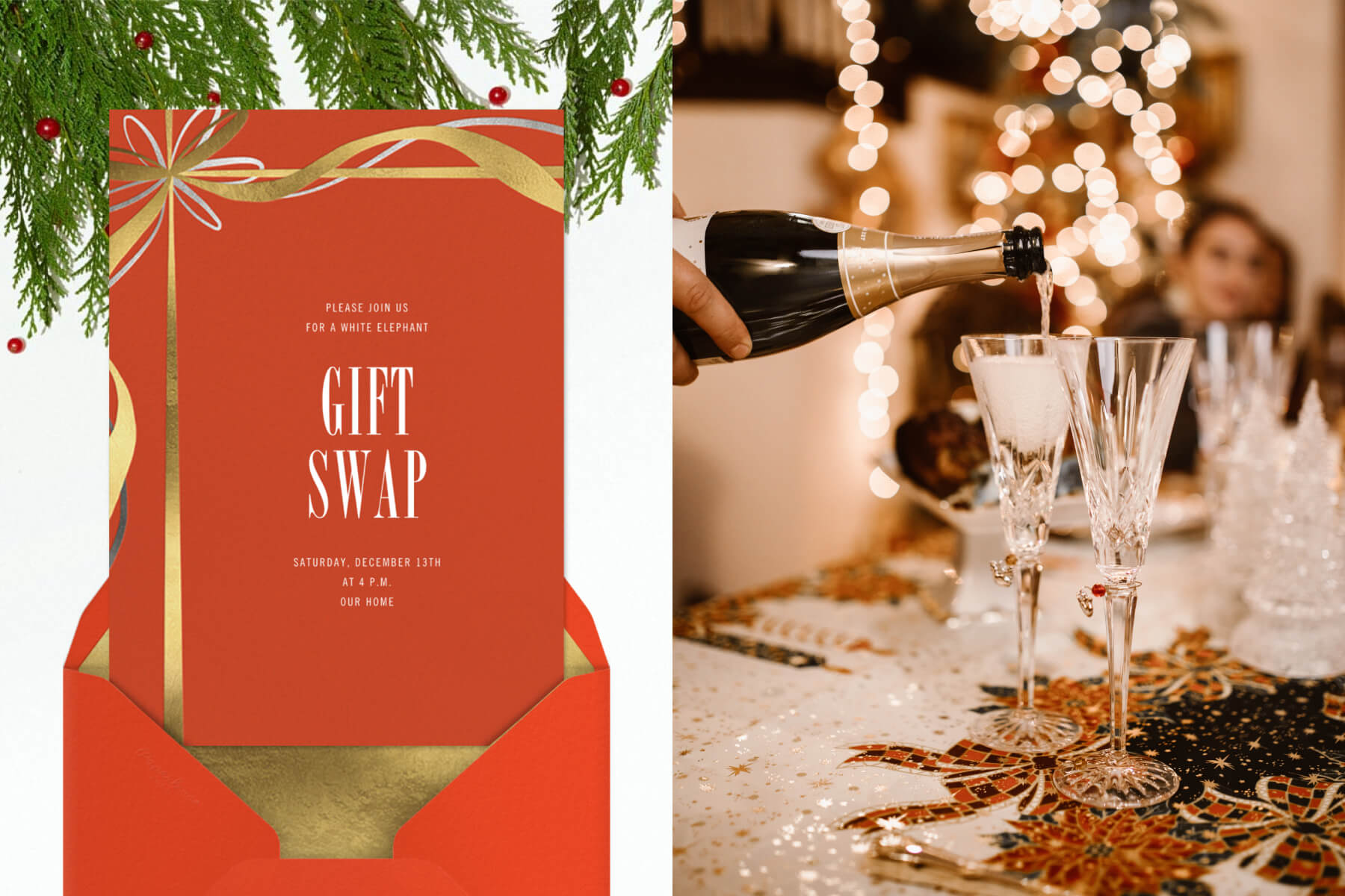 Left: A red invitation with a gold ribbon detail; right: A hand pouring champagne into two glasses sitting on a festive table.