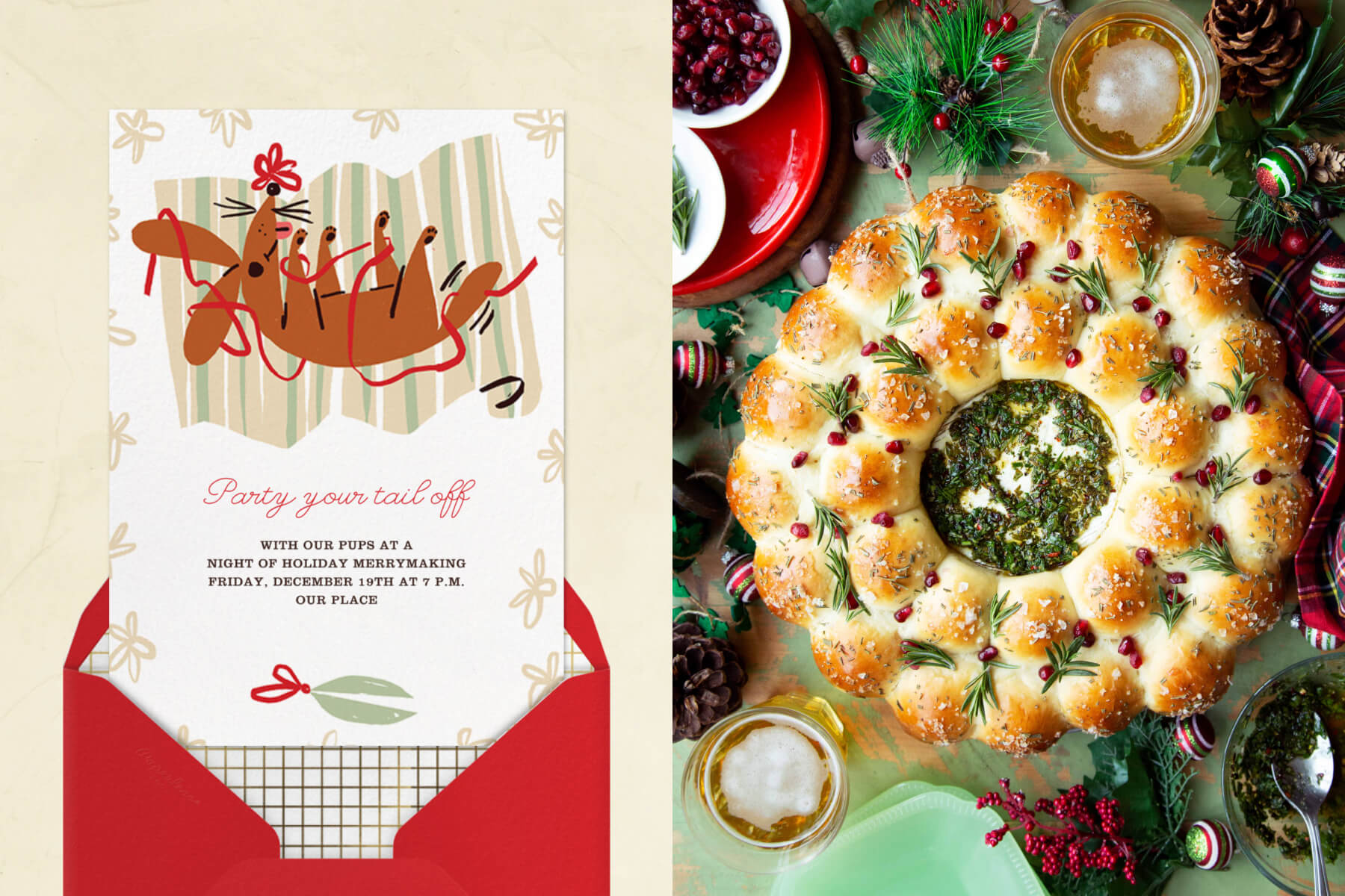 Left: A white invitation with an illustration of a brown dog tangled in wrapping paper and ribbon; right: an overhead photograph of a festive round bread with dip in the middle.