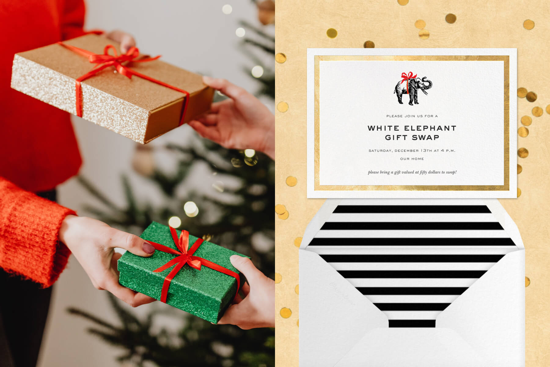 Left: A close-up photograph of the hands of two people exchanging presents; right: a white and gold invitation with an illustration of an elephant with a festive bow around its middle.