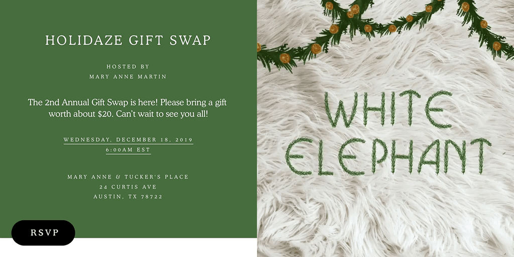 An animated online invite with the words “White Elephant” on a white sheepskin background.