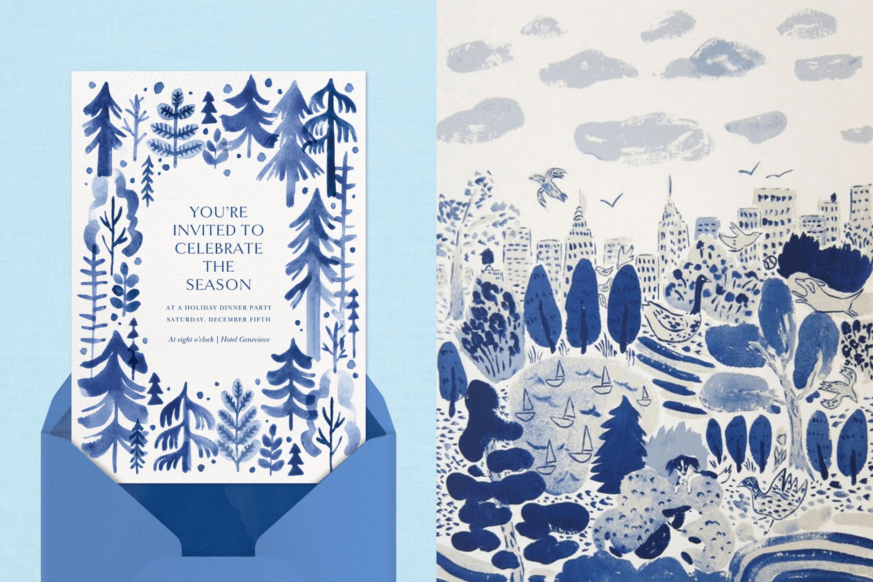 left: A white holiday card with blue watercolor paintings around the border of evergreen trees. Right: A whimsical blue watercolor painting of Central Park with the New York City skyline behind it and clouds in the sky.