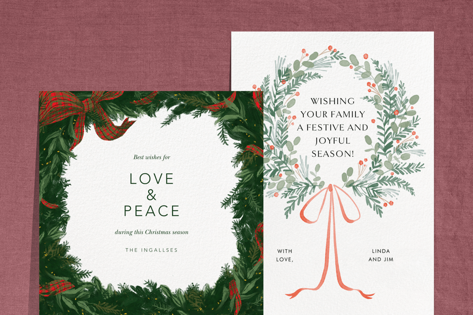 left: A holiday card with a green wreath-like border and a red plaid ribbon woven throughout. Right: A white holiday card with a delicately drawn wreath and long red ribbon bow.