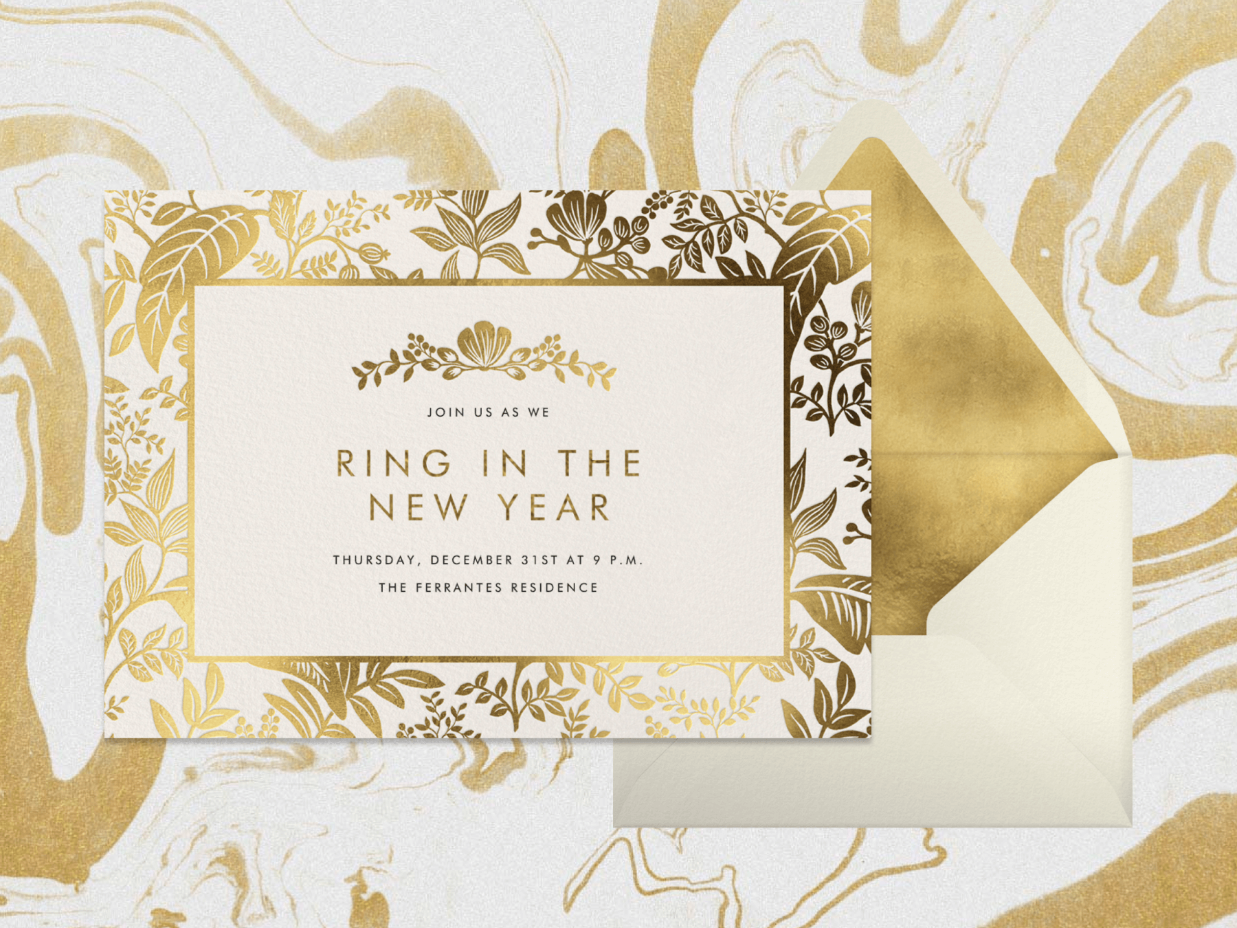A New Year’s Eve party invitation with an intricate border of leaves in metallic gold.