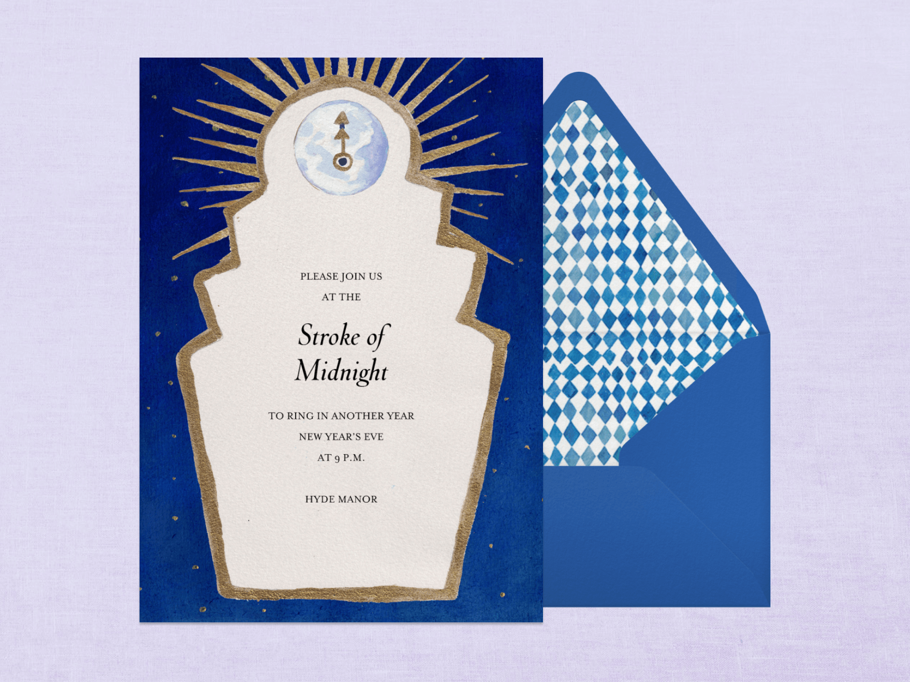 A blue New Year’s Eve party invitation with a white grandfather clock-inspired shape outline in gold and a clock face that looks like a full moon with gold hands pointing to midnight.