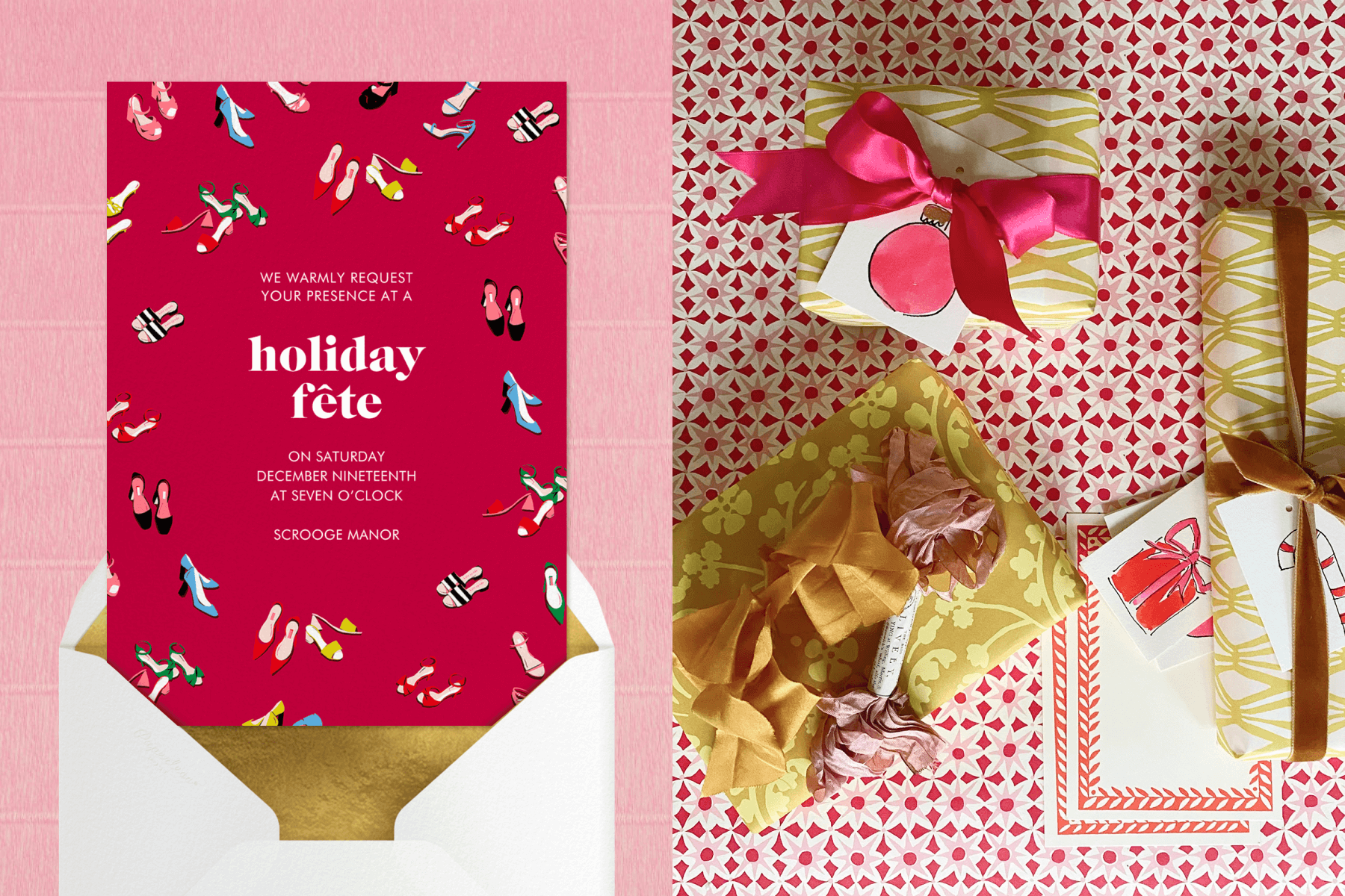 left: A red holiday party invitation with colorful high heeled shoes around the border. Right: An overhead photo of yellow-wrapped gifts on a red and white patterned background.
