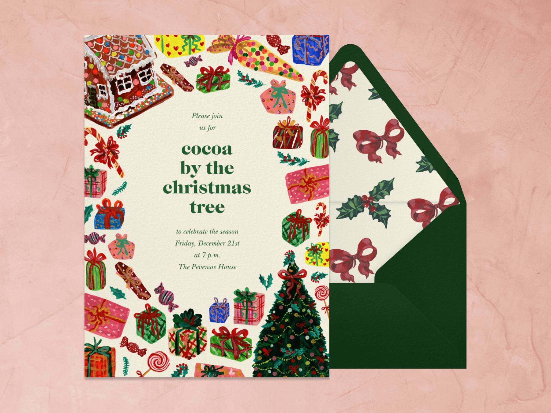 A holiday party invitation with painted gingerbread houses, Christmas tree, and colorfully wrapped gifts around the border.