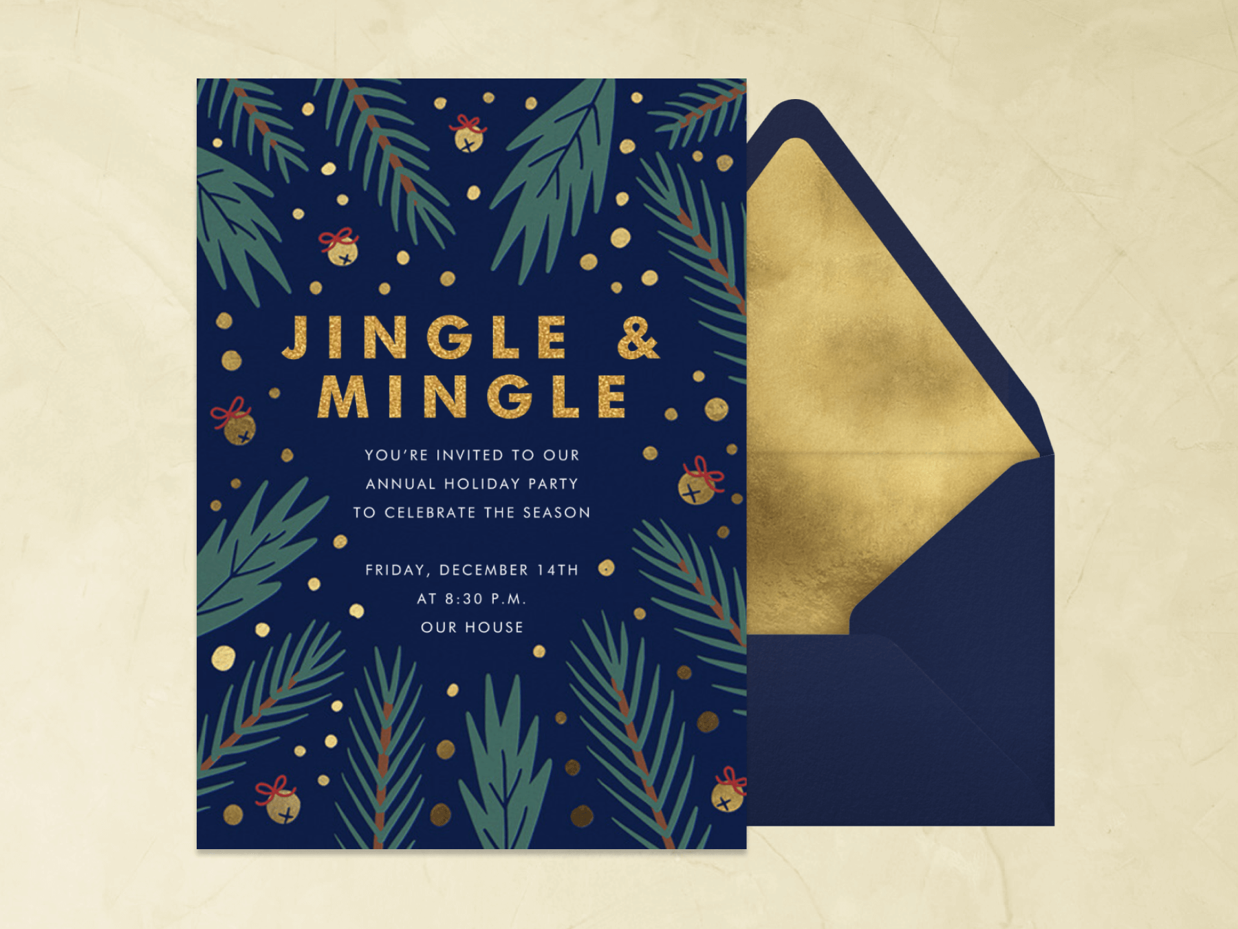 A navy blue holiday party invitation with fir branches, gold dots, and little gold bells.