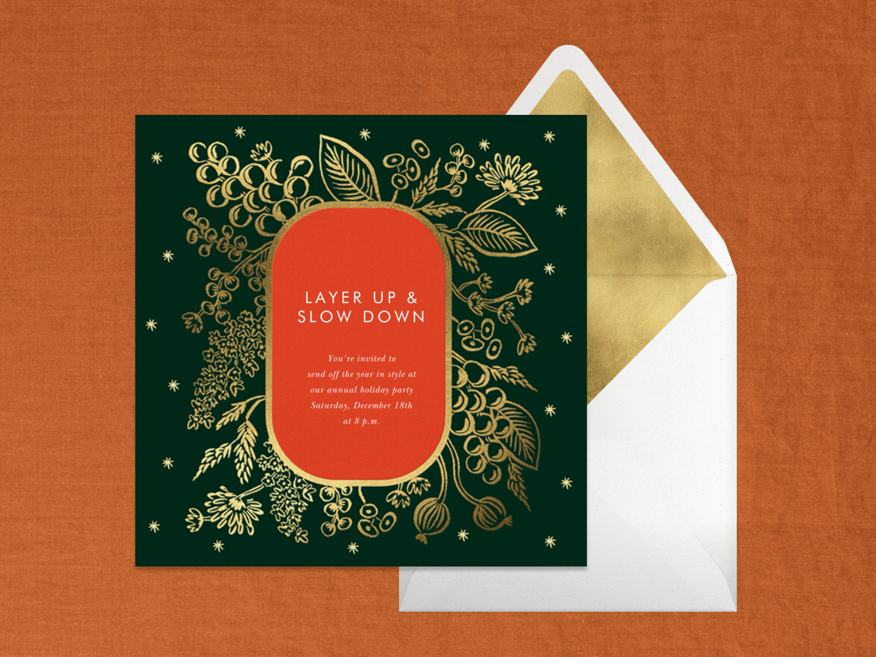 A dark green holiday party invitation with a red squoval in the center surrounded by gold grapes, leaves, and flowers.