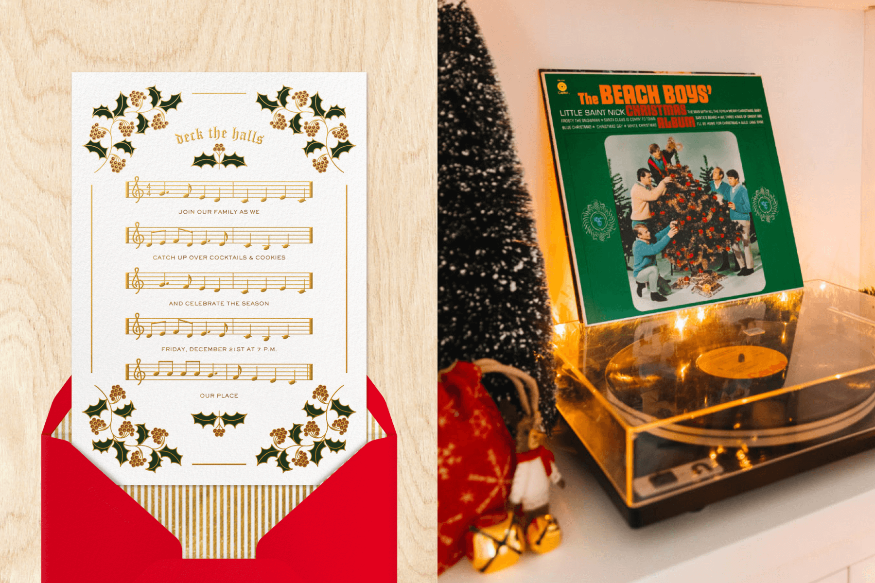 left: A holiday card designed to look like sheet music with holly in the corners. Right: A record player with the Beach Boys’ “Christmas Album” record resting on top.