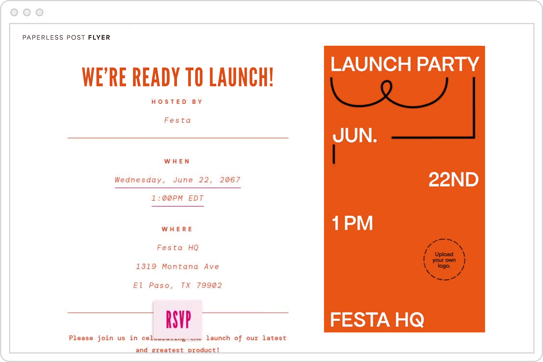 A digital invitation page with a cream background and orange text paired with an animated orange graphic with text overlay that reads ‘launch party.’