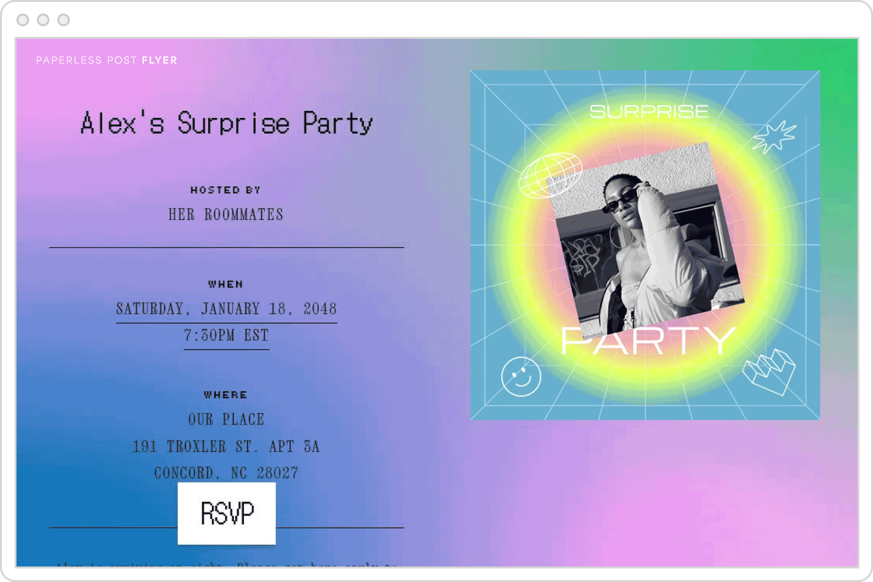 A digital invitation page with a purple, green, and blue ombre background and an animated graphic of a black and white photo of a person in sunglasses with text overlay that reads ‘surprise party.’