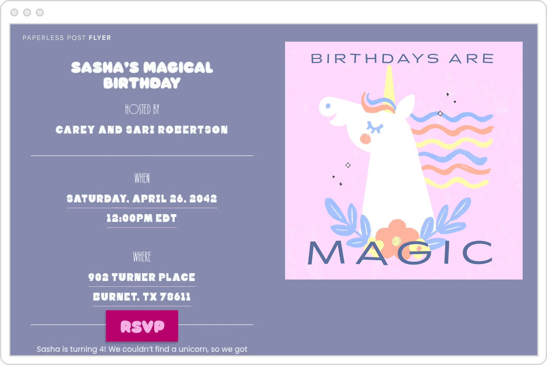 A digital invitation page with a purple background and an animated graphic of a unicorn with text overlay that reads ‘birthdays are magic.’