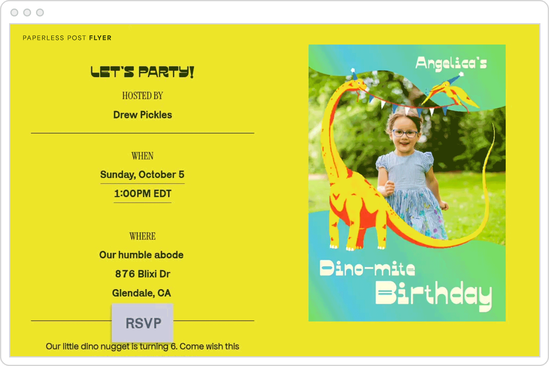 A digital invitation page with a yellow background paired with an animated graphic of a photo of a girl and dinosaurs with text overlay that reads ‘Angelica’s Dino-mite Birthday.’