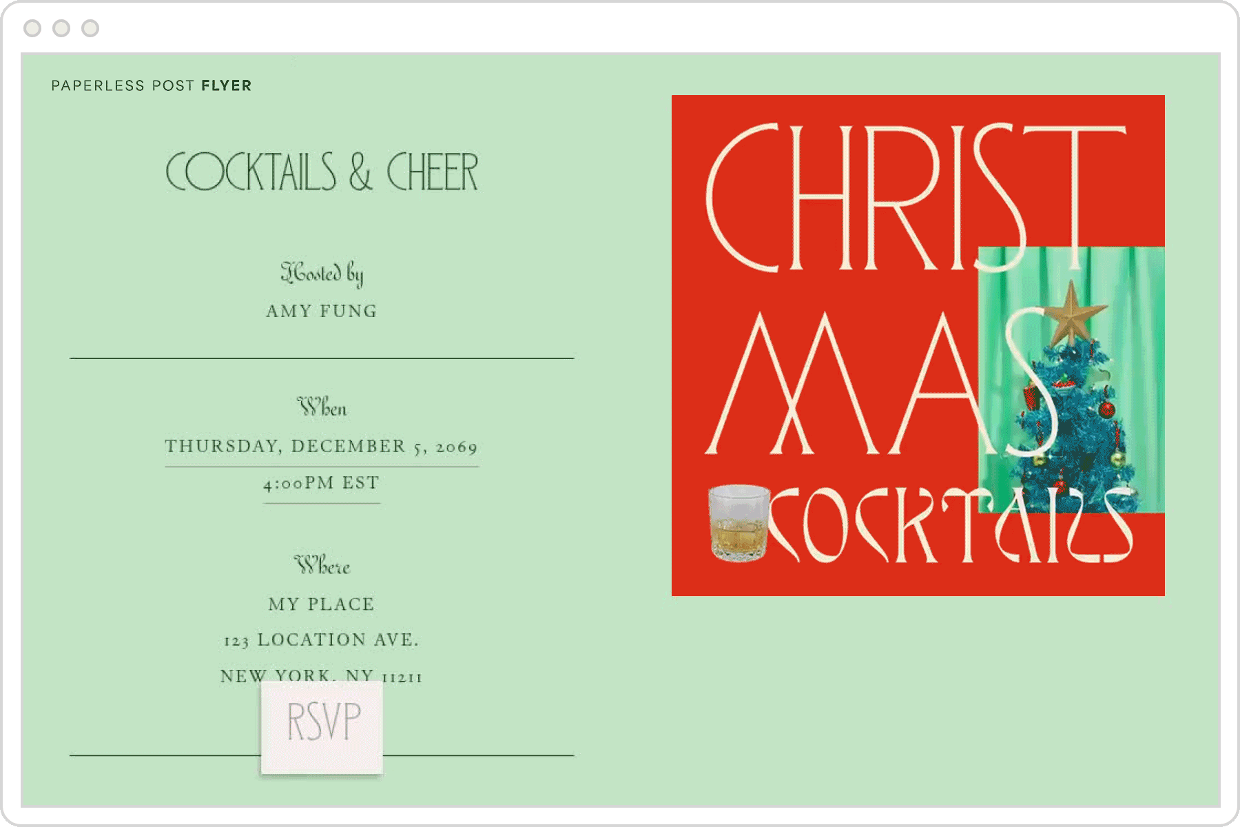 A digital invitation page with a mint green background and an animated graphic featuring a Christmas tree, cocktails, and text overlay that reads ‘Christmas cocktails.’