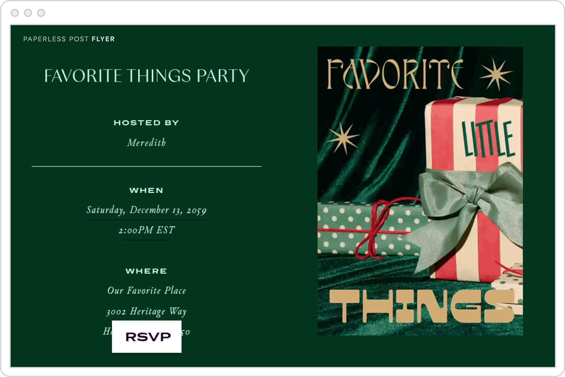 A digital invitation page with a green background and an animated graphic of wrapped Christmas presents with text overlay that reads ‘Favorite little things.’