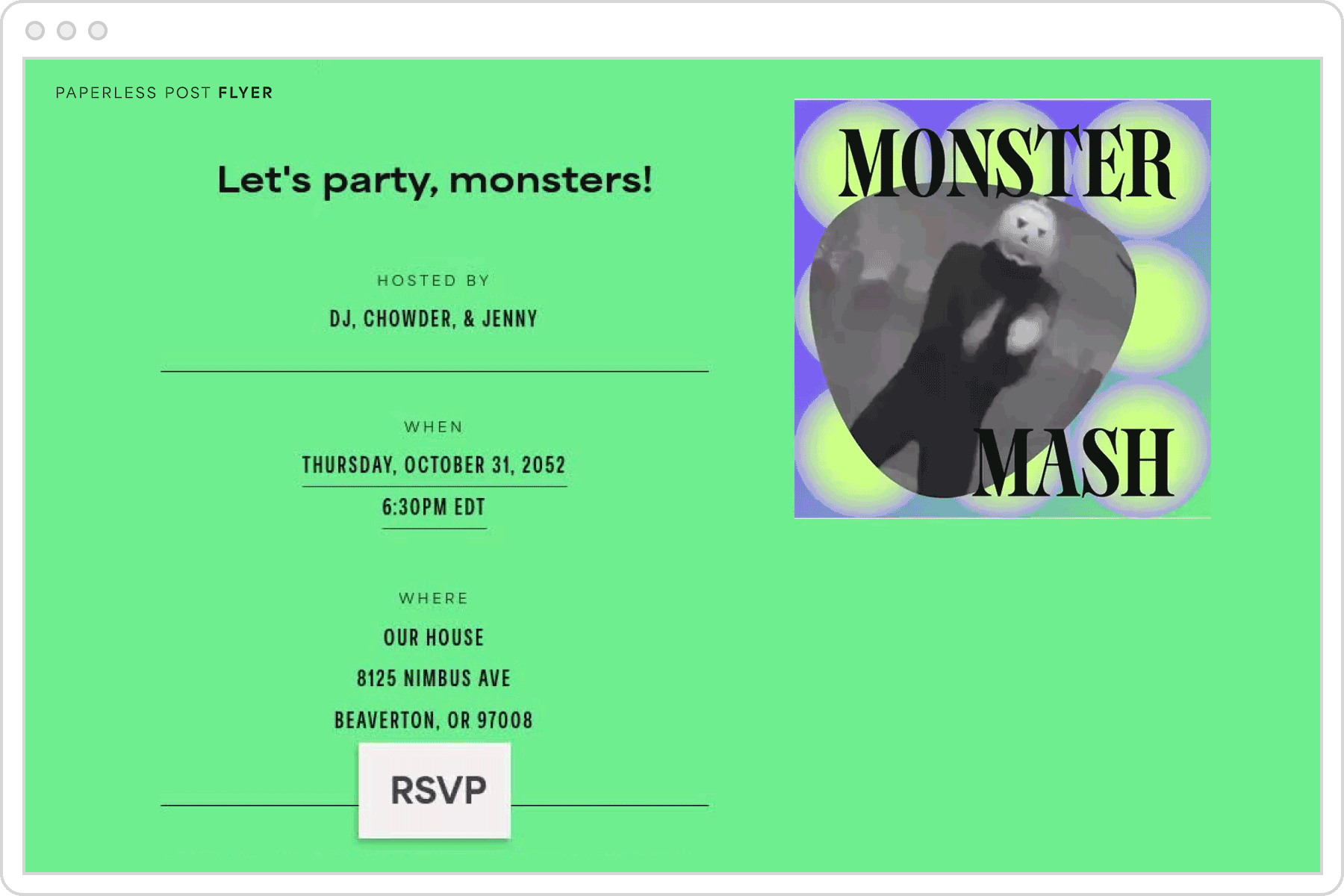 A digital invitation page with a green background featuring an animated graphic of a dancing person with a pumpkin head and text overlay that reads ‘monster mash.’