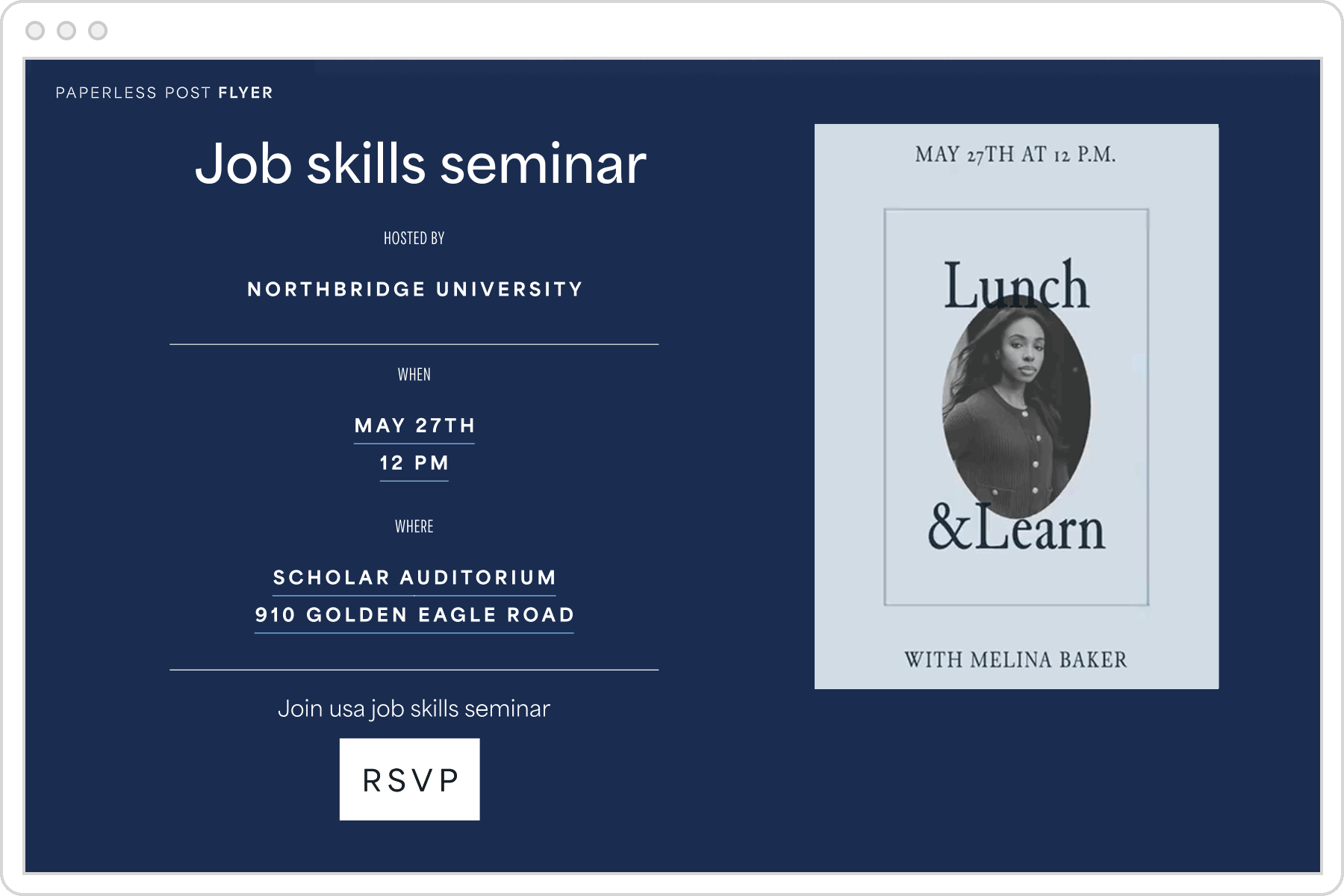 A digital invitation page with a navy blue background and an animated graphic featuring an image of a woman and text overlay that reads ‘Lunch & Learn.’