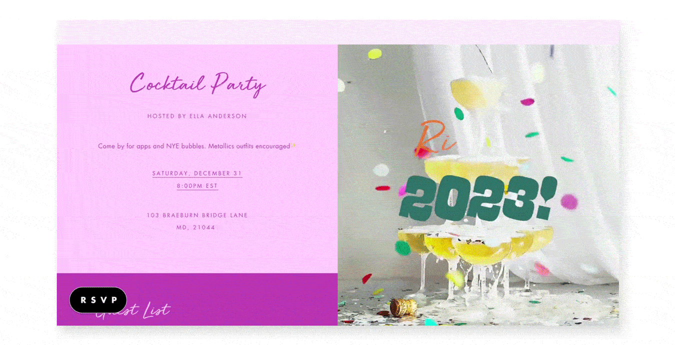An online invitation with a tower of coupe glasses being filled with Champagne, falling confetti, and the words “Ring in 2023!” animating.