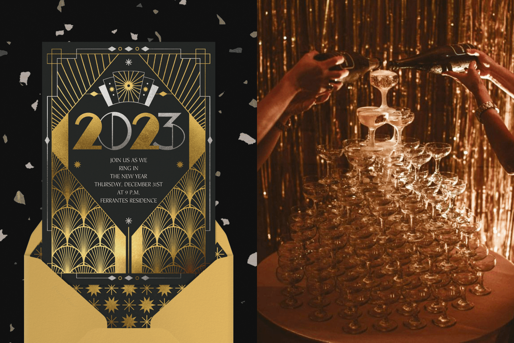 left: A New Year’s Eve party invitation with a black background and silver and gold Art Deco fan and starburst patterns with “2023” in the middle. Right: A giant couple glass Champagne tower is filled with two bottles.