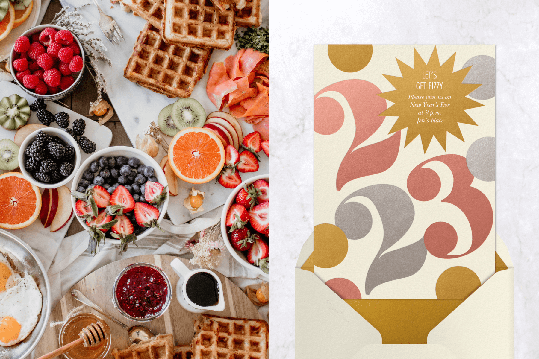left: A crowded table spread of breakfast foods including bowls of berries, sliced fruits, square waffles, and syrups. Right: A New Year’s Eve party invitation with the oversized numbers “2023” in pink, silver, and gold and confetti circles.