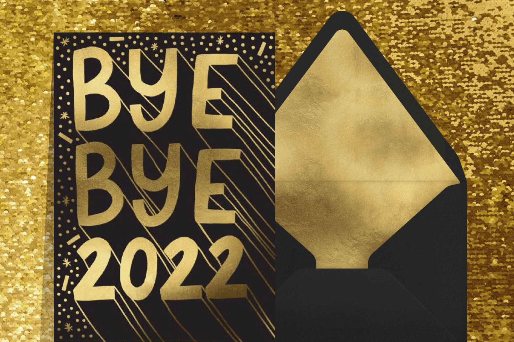 A black card reads “Bye Bye 2022” in large gold letters drawn with 3D perspective.