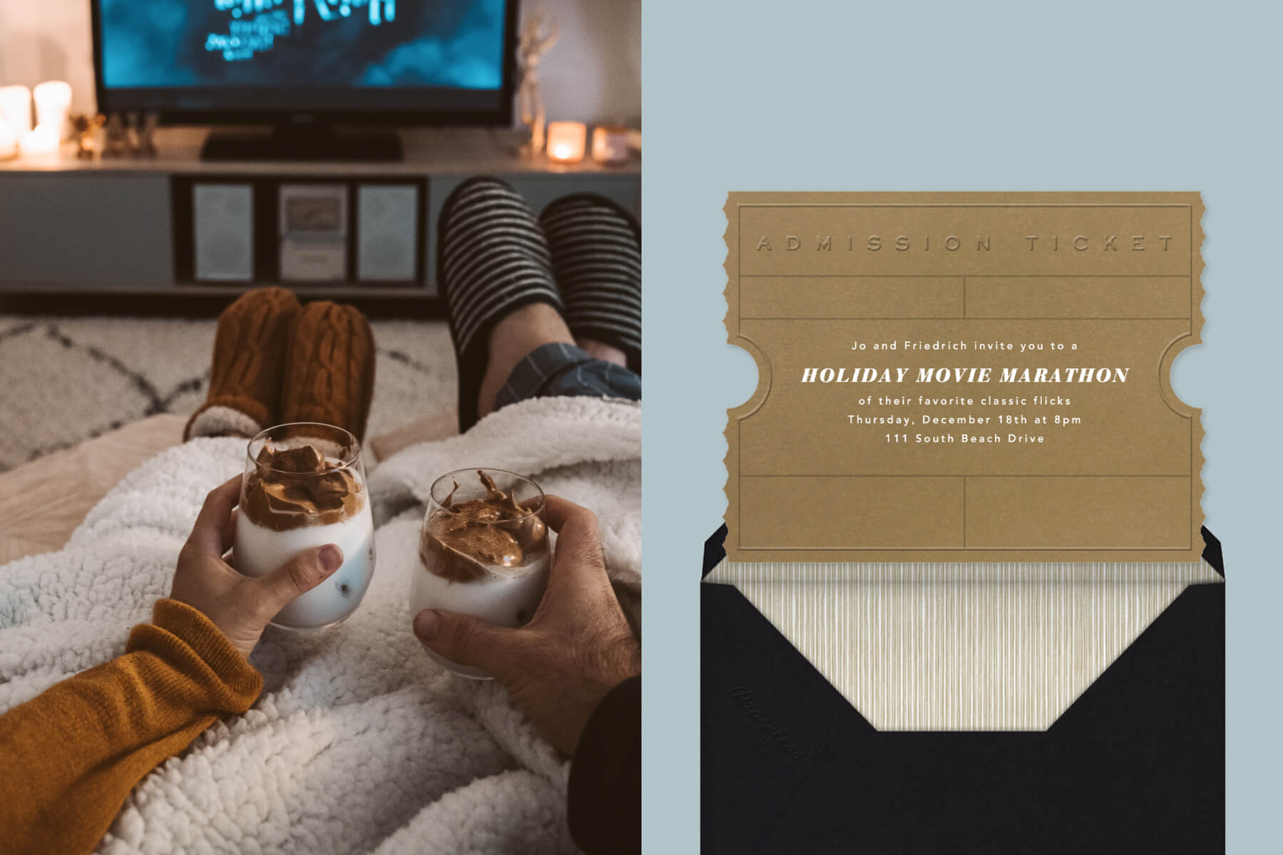 Left: Two people hold cups of dalgona coffee while watching a movie. Right: An invitation shaped like an admission ticket.